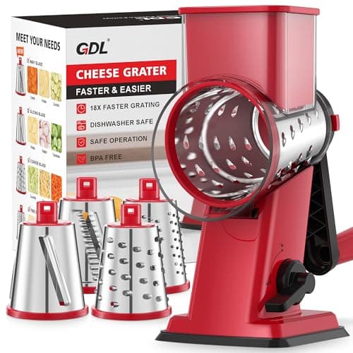 GDL Rotary Cheese Grater Hand Crank - Upgraded Cheese Shredder with 4 Interchangeable Blades, Rotary Grater with Non-slip Suction Base, Easy to Clean Kitchen Grater Slicer Grinder for Vegetable Nuts - Image 1