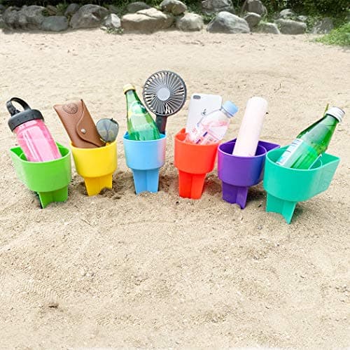 Home Queen Beach Cup Holder with Pocket, Multifunctional Sand Cup Holder for Beverage Phone Sunglass Key, Beach Accessory Drink Sand Coaster, Set of 6 (Blue, Teal, Purple, Green, Orange and Yellow) - Image 1