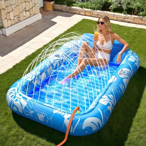 Inflatable Tanning Pool Lounger Float with Sprinkler, 77" x 48" Pool Floats Adult with Pillow, 6 in 1 Suntan Tub Raft Floatie with Drink Holder Sunbathing Water Lounge - Image 1