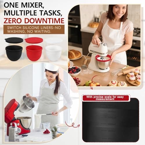 Foldable Silicone Liners for Kitchen Aid Tilt-Head 5 QT Mixer,Microwave Dishwasher Support-Safe Food Grade Silicone Bowl Insert,Scale Display Mixer Accessories for Effortless Baking（Red） - Thumbnail 2
