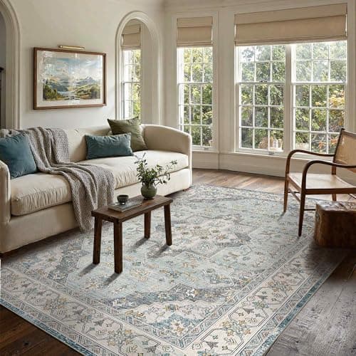 OHWPEAT Area Rugs 5x7, Washable Rugs for Living Room, Bedroom, Blue Floral Rug, Vintage Boho Indoor Soft Carpet for Dining Room, Low Pile Rugs for Office, Farmhouse - Image 1
