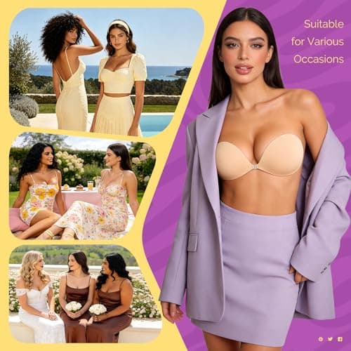 VogaChic Invisible Sticky Bra Push Up, Reusable Adhesive Bra for Backless Dress, Seamless Silicone Nipple Covers for Women's Exotic Bustiers & Corsets (B Cup, Beige, 2PCS) - Thumbnail 6