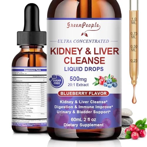 GREENPEOPLE Kidney Cleanse Detox & Repair - 27-In-1 Kidney & Liver Drops with 20:1 Cranberry Extract & Chanca Piedra, Alcohol-Free Supplement for Urinary Tract & Liver Support (2 Oz 1 Pack, Blueberry) - Image 1