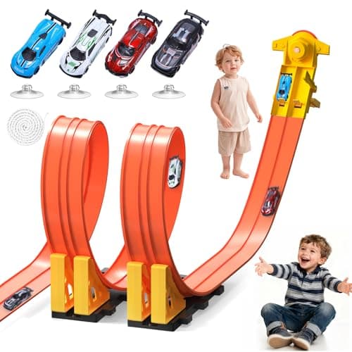 Flex Race Track 16 Ft with Start Gate Accessories Compatible with Diecast 1/64th Cars, Flexible Car Track Toys for Ages 3+ Kids Toddlers Roll Out Portable Racetrack (Orange)