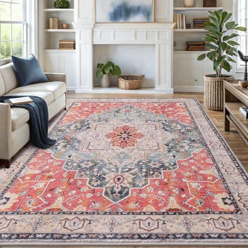 Vanmoos 8x10 Area Rugs for Living Room, Bedroom - Machine Washable, Non-Slip Bedside Rug, Large Soft Floor Carpet for Office, Dining Room, Farmhouse, Home Decor, Artistic Flair/Brick Red - Image 1