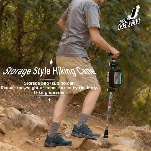 CAJJYRUWE Multiple Crutch for Adult Seniors Walk Travel Ergonomic Stick Aluminum Portable Cane Adjustable Height include Night light Storage Bag Cup Holder Bell Spare large medium Anti-Slip Rubber Tip - Thumbnail 5