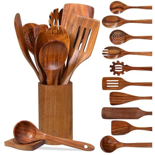 Vorisebo 12 Piece Wooden Spoons for Cooking, Natural Teak Wooden Utensils Set, Handmade Wood Kitchen Utensil Set with Holder and Spoon, Durable Nonstick, Comfort Grip Wood Cookware Tool - Image 1