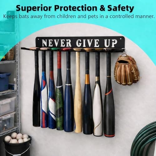 Conwithna Baseball Softball Bat Holder Wall Mount Storage Rack Metal Hanger Home Field Organizer Equipment Sports Hook Hanging Holds 14 Bats Carabiners Included Never Give UP - Thumbnail 4