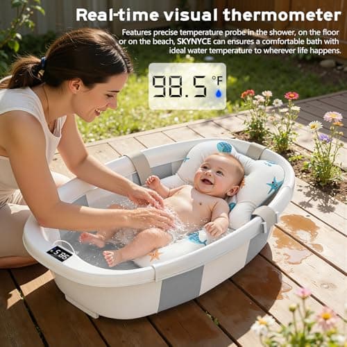 Collapsible Baby Bathtub for Newborn to Toddlers 0-36 Months, Large Baby Tub with Thermometer & Cushion, Easy Setup Foldable Travel Infant Bathtub, Newborn Babies Boy Girl Bath Tubs Grey - Thumbnail 5
