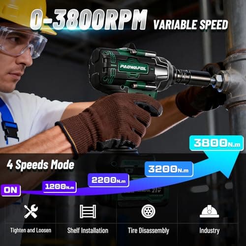 PAOWAFOL 2026 Impact Wrench 1180ft-lbs(1600N.m), 1/2" Impact Gun with 2x4.0Ah Battery, 21V Cordless Impact Driver High Torque with 5 Sockets, Pistola Llave De Impacto Brushless for Truck RV Home Car - Thumbnail 3