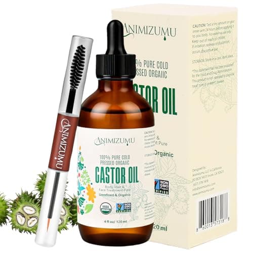 ANIMIZUMU Castor Oil 100% Pure Organic Cold-pressed Unrefined USDA Certified Organic Hexane-free Extra Virgin Used for Hair Growth Eyebrows Eyelashes Skin and Castor Oil Glass Bottles Pack (4fl oz) - Thumbnail 2