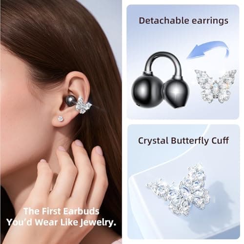 Kinglucky ClipFree A20 Open-Ear Earbuds with Butterfly Earrings, Secure & Comfort Fit, Premium Sound Clip-On Earbuds with Digital Display, 50H Playtime Bluetooth 5.4 Wireless Headphones Black - Thumbnail 2