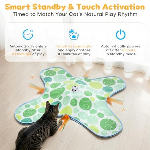 PETSWEET Interactive Cat Toys for Indoor Cats, Hide and Seek Cat Toy, 2 in 1 Automatic Moving Concealed Feathers Cat Toy Mat, Non-Slip Suction, Touch Activated, USB Rechargeable, Green - Thumbnail 3
