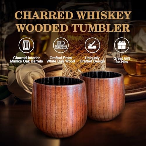 Charred Wooden Bourbon Drinking Glass, Bourbon Gifts for Men – 12 Oz Wooden Old Fashioned Glasses Set Whiskey Tumbler | Birthday Whiskey Gifts for Men, Dad or Brother Original Bourbon Tumbler (2 Pack) - Thumbnail 3