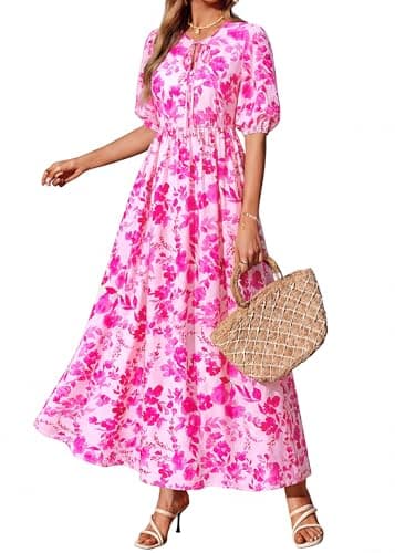 KIRUNDO Spring Dresses for Women 2026 Summer Wedding Guest Boho Floral 3/4 Sleeve Beach Vacation Cruise Flowy Maxi Dress(Rose Red, Medium) - Thumbnail 6