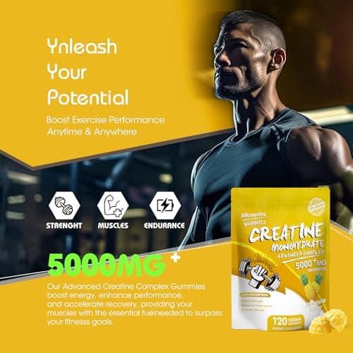 NSF Certified Creatine Gummy - Creatine Monohydrate Gummies 5000mg for Men & Women -120 Gummies Advanced Formula, Muscle Strength, Muscle Builder, Energy Boost, Pre-Workout Supplement-Pineapple - Thumbnail 4