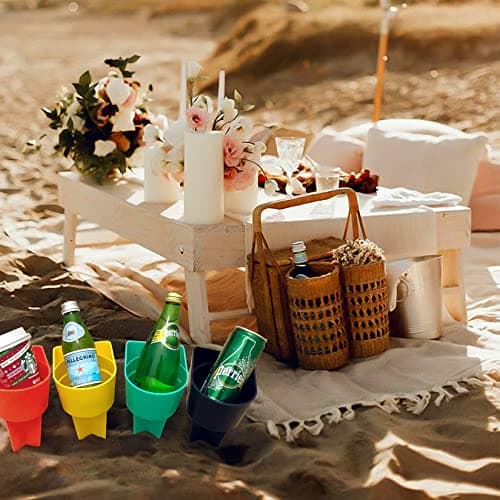 Home Queen Beach Cup Holder with Pocket, Multifunctional Sand Cup Holder for Beverage Phone, Beach Accessory Drink Sand Coaster, Set of 4 (Navy, Teal, Yellow and Orange) - Thumbnail 2