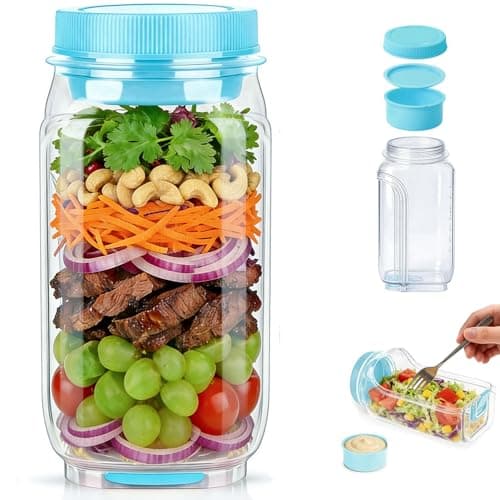 VKX 2026 Upgraded Salad Jar Side Open, 35oz (1000ml) Leakproof Salad Jar Lunch Container with Dressing Cup & Lid, Dishwasher Safe for Office & Outdoors, Travel (Blue) - Image 1