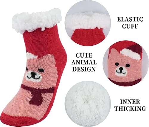 BenSorts Girls Slipper Fuzzy Socks Non-Slip Kids Boys Fleece Lined Warm Winter Child Home Cute Socks Red Bear 8 9 10 11 12 Years - Thumbnail 4