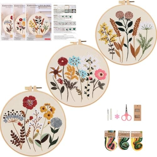Mozzyyee 3 Sets Embroidery Starter Kit for Beginners Adults Include 3 Embroidery Clothes with Instructions Hoops Floss Thread Fabric Needles (Floral) - Image 1