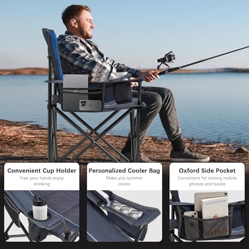 Unisakey Oversized Folding Camping Chair for Adults - 450lbs Support - Heavy Duty Portable Lawn Chairs with Side Pocket Cup Holder Cooler Bag for Sports Garden Beach Fishing, Blue 2 Pack - Thumbnail 4