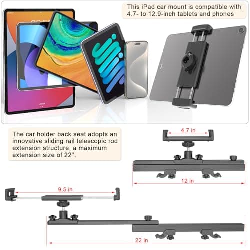 Headrest Tablet Holder for Car Accessories, Crafted from aircraft-grade aluminum，Universal Car Tablet Mount with 22'' Extendsion Arm Car Seat Mount for iPad, Galaxy, Fire HD or 4.7-12.9” Tablets - Thumbnail 6