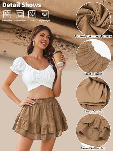 ECOWISH Flowy Mini Skirts for Women with Shorts Underneath Ruffle Tiered Skorts Elastic High Waist Tennis Golf Spring 2026 Black Large - Thumbnail 5