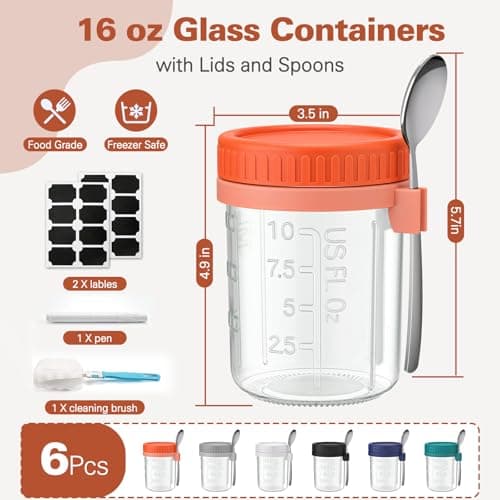 Cozyverge 6 Pack Overnight Oats Containers with Lids and Spoons, 16 oz Airtight Oatmeal Container with Measurement Marks, Overnight Oats Jars for Cereal Fruit Vegetable Milk Salad Yogurt Meal Prep - Thumbnail 2