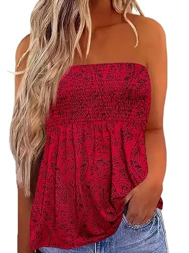 IWOLLENCE Women's Tube Tops Western Graphic Flowy Pleated Strapless Top Long Sleeveless Backless Bandeau Tanks Cute Holidays Beach Coverups Summer Red Paisley, L - Image 1