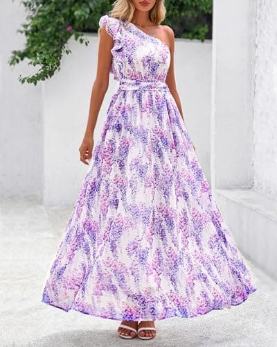 BTFBM Women Summer One Shoulder Floral Wedding Guest Dresses Sleeveless Smocked Ruffle Flowy Beach Vacation Maxi Dress(Floral Purple, X-Large) - Thumbnail 5