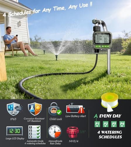 ThermoHalo Smart Sprinkler Timer, 4-Zone Programmable Outlet Watering timers, IP65 Waterproof Automatic/Manual Hose Timer with Child Lock for Lawn, Yard, Garden, and Pool (one) - Thumbnail 2