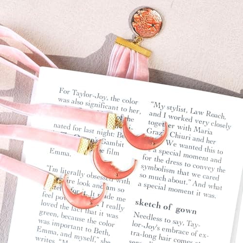 bibiage Velvet Bible Ribbon Bookmark, 5 Multi-Page Bible Bookmarks for Women & Men, Long Ribbon Bookmark for Bible Study, Elegant Christian Gift with Moon Star Pendants, Pink - Image 1