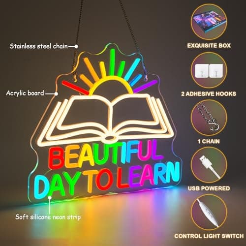 Beautiful Day Neon Sign To Learn Study Neon Signs for Classroom Wall Decor Rainbow LED Lights Up Classroom Bedroom in Reading Corner Decor Library LED Sign Study Office Gifts for Teens - Thumbnail 3