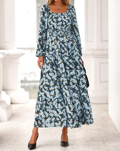 BTFBM Long Sleeve Dress for Women 2026 Spring Fall Boho Floral Square Neck Casual Flowy Long Wedding Guest Maxi Dresses(Floral Blue Yellow, Medium) - Thumbnail 6
