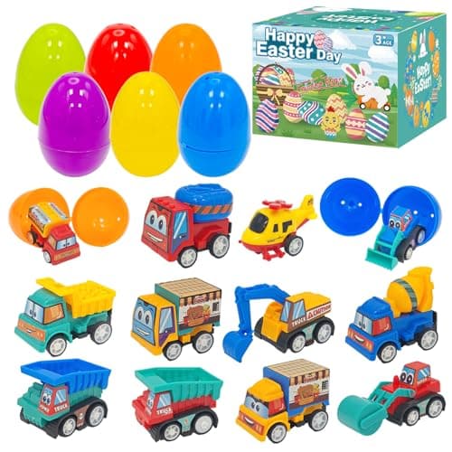 AngKng 12PCS Prefilled Easter Eggs with Pullback Construction Truck Toys, Plastic Eggs with Engineering Vehicles, Basket Fillers Egg Hunts for Kids, Classroom Party Favor for Boys - Image 1