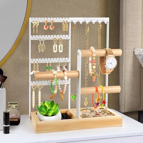 Godboat Jewelry Organizer, 4-Tier Earring Holder Organizer with 48 Holes, 6 Hooks Necklace Rack, Bracelet and Ring Stand with Wood Box, Gifts for Mothers Mom Women, Preppy Stuff & Room Decor, (White) - Image 1
