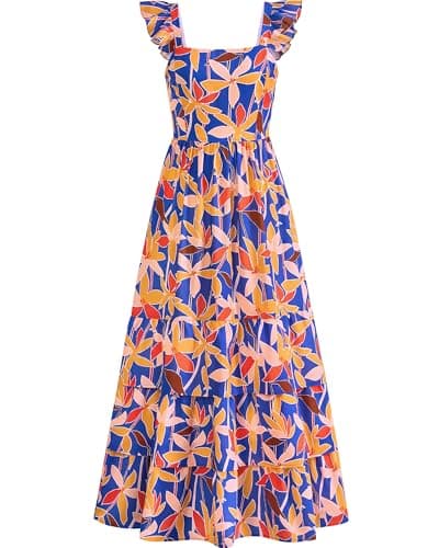 dowerme Summer Dresses for Women 2026 Casual Ruffle Smocked Tiered A-Line Boho Floral Maxi Beach Sun Dress with Pockets(Blue Orange Flower,X-Large) - Image 1