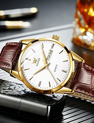 OLEVS Brown Leather Mens Watches Classic Analog Quartz Watch Ultra Thin Waterproof Watches for Men Small Casual Dress Date Day White Dial Men's Wrist Watch Simple Easy Reader Reloj para Hombre - Thumbnail 2
