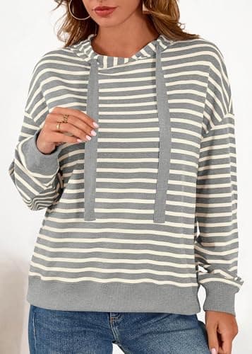 KIRUNDO Sweatshirt For Women Casual Loose Striped Long Sleeve Drawstring Hoodie Pullover Hooded Tops Fashion Clothing(Grey, Medium) - Thumbnail 3