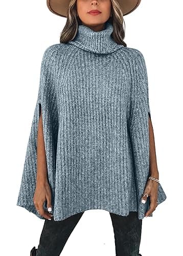 KIRUNDO Women's 2026 Fall Winter Turtleneck Poncho Sweater Fashion Chunky Knit Cape Wrap Sweaters Pullover Jumper Tops(Grey Blue, Small) - Image 1