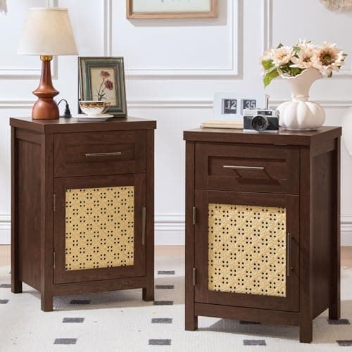 YUFAM Small Nightstand Set of 2 - Boho Rattan Night Stand with Type-C Charging Station for Bedroom, Nightstands w/Drawer for Small Space, Wood Bedside Table w/Adjustable Storage Shelf, Walnut - Image 1