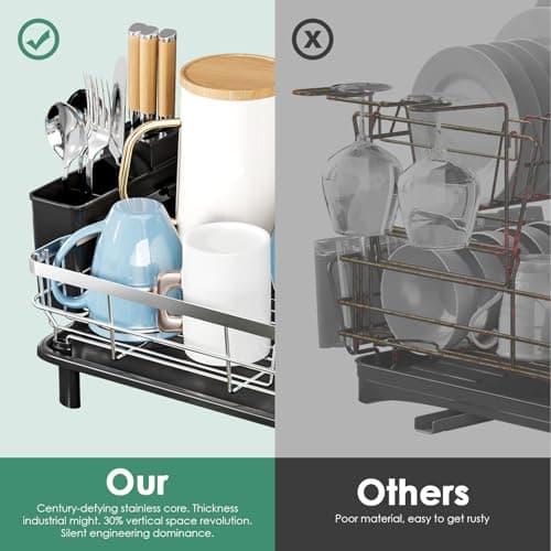 MOUKABAL Dish Drying Rack, Dish Rack, Stainless Steel Dish Racks for Kitchen Counter, Dish Drainer with Removable Utensil Holder, Drainboard (Black,Stainless Steel,13''W x 17''L) - Thumbnail 4