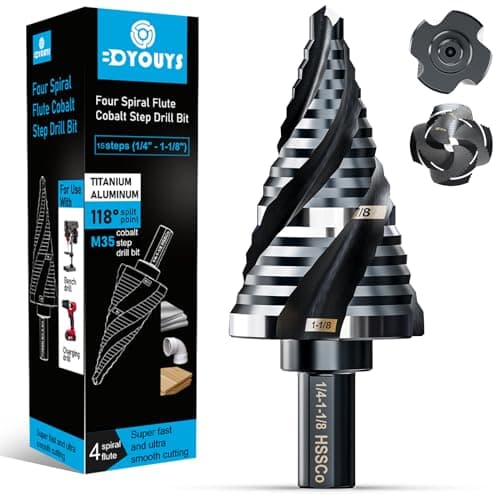 Four Spiral Flute M35 Step Drill Bit Set 1/4" - 1-1/8”(15 Sizes), 3/8" Shank for Metal Step Drill bit, Impact Resistant Cobalt Step Drill Bit, for Stainless Steel, Wood, Aluminum, Plastic - Image 1