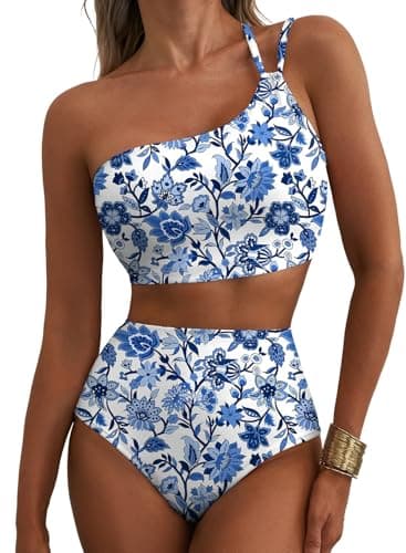 Herseas Women's High Waisted Bikini Set One Shoulder 2 Piece Swim Suit Tummy Control Stretchy Breathable Bathing Suits Vintage Beach Swimming Outfits 2026 Summer Blue Floral Small - Image 1