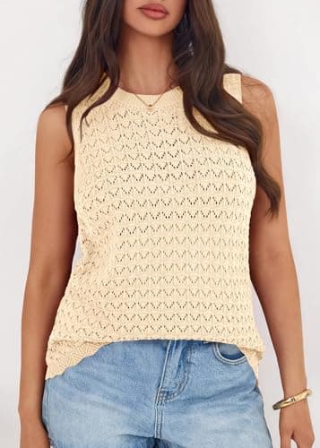 KIRUNDO Sweater Vest Women Crochet Tank Tops 2026 Spring Summer Sleeveless Knit Pullover Beach Cover Up Vacation Outfits (Beige, XX-Large) - Thumbnail 3