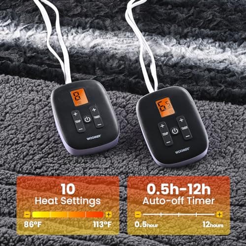 WOOMER Heated Blanket King Size 100" x 90", Electric Blanket with Dual Controls, 0.5-12 Hours Timer & 10 Heating Levels, ETL Certified, Black Grey Flowers Patterns Faux Fur & Sherpa, Machine Washable - Thumbnail 4