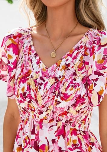 PRETTYGARDEN Boho Dresses for Women 2026 Summer Floral Short Sleeve V Neck Smocked Flowy Beach Vacation Maxi Dress (White Pink Floral,Small) - Thumbnail 6