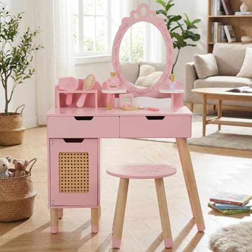 WOODENFUN Kids Vanity Table and Chair Set for Little Girls, Pink Girls Vanity with 7 Pcs Accessories, Enough for Real and Pretend Makeup, Toddler Vanity for 3 Year Old and Up as Ideal Gift - Image 1