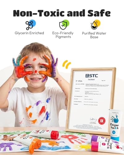JUPITEARTH 28 PCS Finger Paint, Washable Paint for Todllers 1-3, Non-Toxic 12 Vibrant Colors (2.1fl oz/60ml ) , Palette, Apron, Brush, Eye Stickers, Baby Safe Paints for Hand and Feet, Safe Preschool Art Supplies for Kids - Thumbnail 4