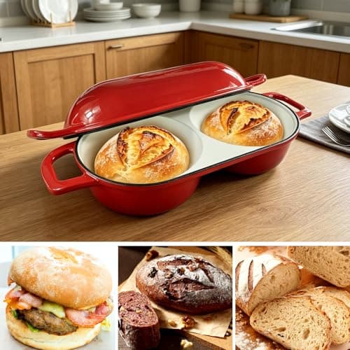 Double Loaf Dutch Oven with Lid, Enameled Cast Iron Bread Pan, Dual Compartment for Baking Sourdough Loaves, Even Heat, Non-Stick And Oven Safe 500°F, Red - Thumbnail 6